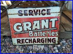 Original Vintage Grant Batteries Thick Metal Sign Gas Oil Advertising Two Sided