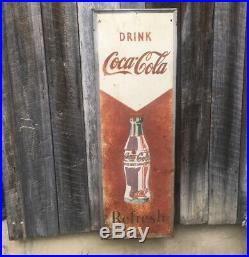 Original Vintage Metal Coke Sign 1940s COCA COLA Refresh Arrow Soda Sign 54 Inch