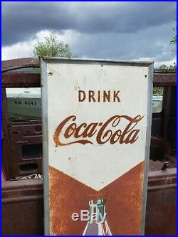 Original Vintage Metal Coke Sign 1940s Coca Cola Refresh Arrow Soda Sign 54 Inch