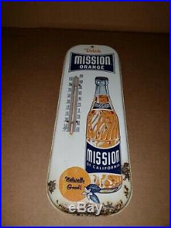 Original Vintage Tin Metal MISSION ORANGE Soda Thermometer Sign