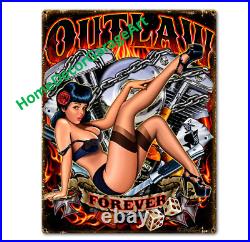 Outlaw Forever Motorcycle Girl Metal Sign, 3 Sizes Vintage Style Garage Art Outlaw Forever Motorcycle Girl Metal Sign, 3 Sizes Vintage Style Garage Art