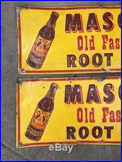 PAIR MASON'S OLD FASHIONED ROOT BEER EMBOSS TIN Original Sign Metal VINTAGE Vtg