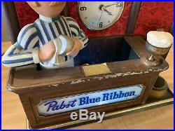 Pabst Blue Ribbon beer sign lighted bartender clock metal statue light vintage
