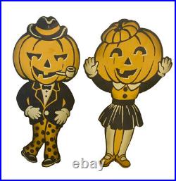 Pair Vintage Tin Metal Halloween Signs Jack o Lantern Boy Girl Spooky Pumpkin