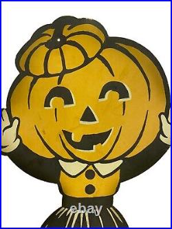 Pair Vintage Tin Metal Halloween Signs Jack o Lantern Boy Girl Spooky Pumpkin