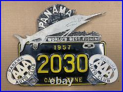 Panama Canal Zone 1957 license plate three toppers AAA World's Best Fishing 0410