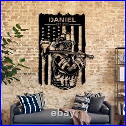 Personalizable Firefighter Metal Art Sign, American Flag and Fireman