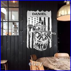 Personalizable Firefighter Metal Art Sign, American Flag and Fireman
