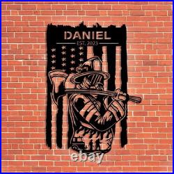 Personalizable Firefighter Metal Art Sign, American Flag and Fireman