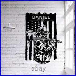 Personalizable Firefighter Metal Art Sign, American Flag and Fireman