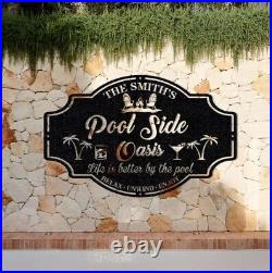 Personalized Family Poolside Sign, Swimming Pool Metal Sign, Custom Tiki Bar