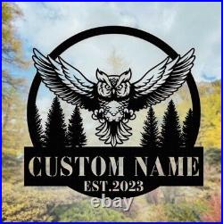 Personalized Owl Metal Sign, Owl in Flight Monogram, Metal Owl Sign, Metal Decor