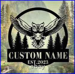 Personalized Owl Metal Sign, Owl in Flight Monogram, Metal Owl Sign, Metal Decor