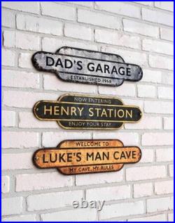 Personalized Railway Station Metal Sign, Vintage Rustic Plaque, Custom Name
