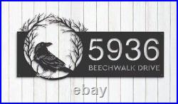 Personalized Raven Halloween Wreath Metal Address Sign, House Number Plaque