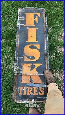 RARE 1940s ANTIQUE FISK TIRE SIGN GAS OIL AUTO TIN METAL AD EARLY ORIG OLD VTG