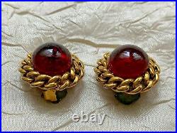 RARE Elegant Vintage CHANEL GRIPOIX 1985 Red poured Glass Earrings 2.5cm