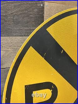 REAL Vintage Railroad Crossing 36 Round Yellow Metal Train Sign large