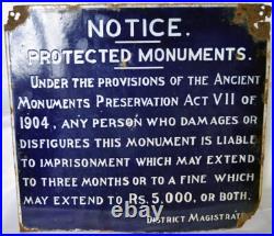 Rare 1904 Porcelain Sign, India's Protected Monuments Warning Notice, Genuine Sgn Rare 1904 Porcelain Sign, India's Protected Monuments Warning Notice, Genuine Sgn