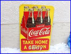 Rare Large Vintage 1950 Coca Cola Soda Pop Bottle Gas Station Metal Sign 6 Pack