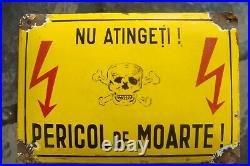 Rare Romanian 1960 Enamel Metal Sign Danger Of Death Do Not Touch! Dead's Head