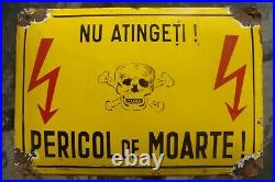 Rare Romanian 1960 Enamel Metal Sign Danger Of Death Do Not Touch! Dead's Head