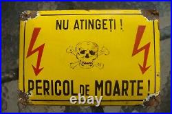 Rare Romanian 1960 Enamel Metal Sign Danger Of Death Do Not Touch! Dead's Head