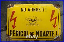 Rare Romanian 1960 Enamel Metal Sign Danger Of Death Do Not Touch! Dead's Head