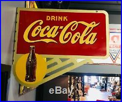 Rare Vintage 1946 Coca Cola Soda Pop Gas Station 2 Sided 24 Metal Flange Sign