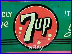 Rare Vintage 1950s 7-Up It Likes You Metal Sign NOS 27.75 x 11
