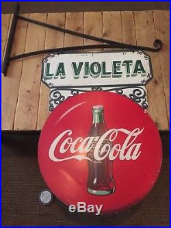 Rare Vintage 1952 Coca Cola Double Button 2 Sided Metal Flange Sign w bracket