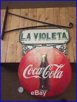 Rare Vintage 1952 Coca Cola Double Button 2 Sided Metal Flange Sign w bracket