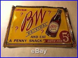 Rare Vintage Bw Nickle Snack Soda Bottle Embossed Sign Orig. Metal Advertising