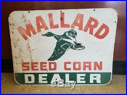 Rare Vintage Mallard Seed Corn Dealer Metal Sign Old Feed Store with Bullet Hole