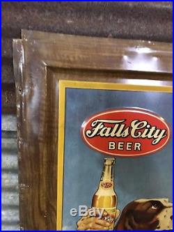 Rare Vtg 50s Falls City Beer Self Framed Metal Sign Hunting Mans Best Friend