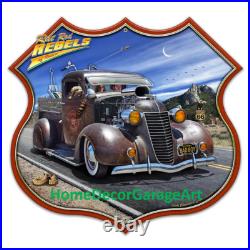 Rat Rod Rebels Cutout Shield Shape Metal Sign Vintage Style Garage Art Rat Rod Rebels Cutout Shield Shape Metal Sign Vintage Style Garage Art