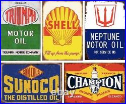 Reproduced Vintage Tin Sign Pack, Gas Oil Advert Antique Metal Signs for Gara