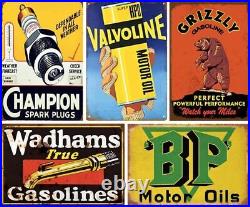 Reproduced Vintage Tin Sign Pack, Gas Oil Advert Antique Metal Signs for Gara