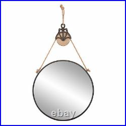 Round Metal Wall Mirror with Hanging Rope and Antique Pully 24x24 by Patton