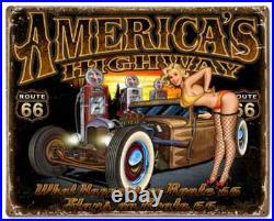 Route 66 Hot Rods & Girls Metal Sign, 2 Sizes, Vintage Style Garage Art