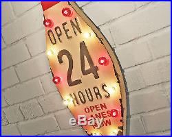 Rustic Vintage Metal OPEN 24 HOURS Bowling Ball Alley Pin Tin Marquee Sign Light