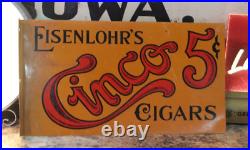 SCARCE 1920s EISENLOHR'S CINCO 5 CENT CIGARS 2 SIDED PAINTED METAL FLANGE SIGN