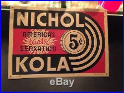 SCARCE Vintage c1940 Nichol Kola 5c Soda Pop Gas Station Embossed Metal Sign
