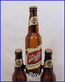 Schlitz Beer 3 Glass Bottle Display Back Bar Vintage Advertising Sign Metal Old