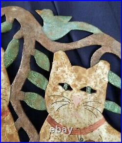 Signed Arts Crafts Primitive Vintage Metal Cutout Cats Bird Large Size 23