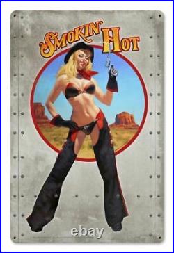 Smokin' Hot Cowgirl Pin Up Metal Sign by Greg Hildebrandt