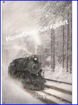 Steam Engine Fall or Winter Train, Metal Sign Vintage Style Train Room Art
