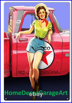 Texaco Gasoline Pickup with Girl, Metal Sign, Vintage Style Garage Art