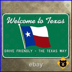Texas state line highway marker road sign 1985 welcome drive friendly flag 15x10
