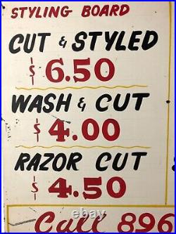 True Vintage Barbershop Metal Price Sign Haircut Styling Menu Board Hand Painted